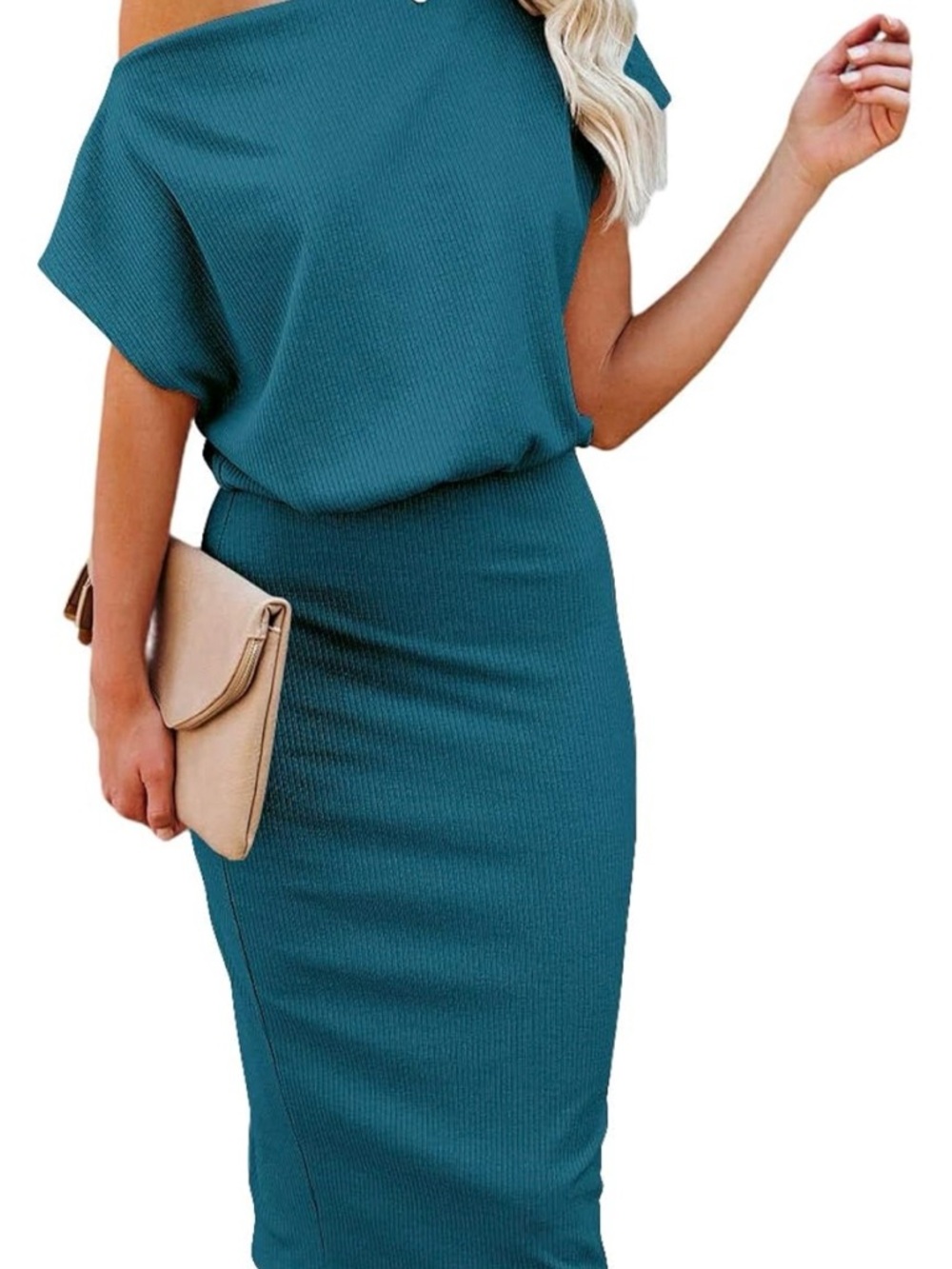 Womens Off Shoulder Ribbed Midi Dress XL Teal Bodycon Stretch Short Sleeve